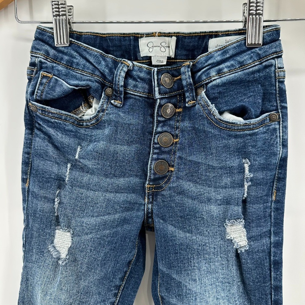 Jessica Simpson Lulu Ultra Flare Jeans 7 Girls Blue Button Fly Ripped Raw Hem